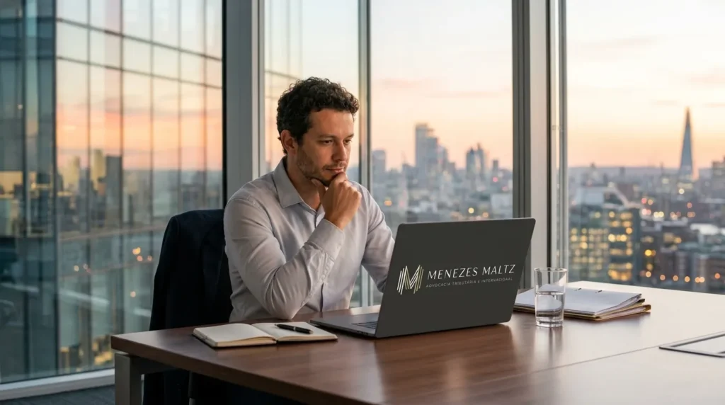 Brasileiro analisando finanças de quem está morando no exterior imposto de renda e organização patrimonial.