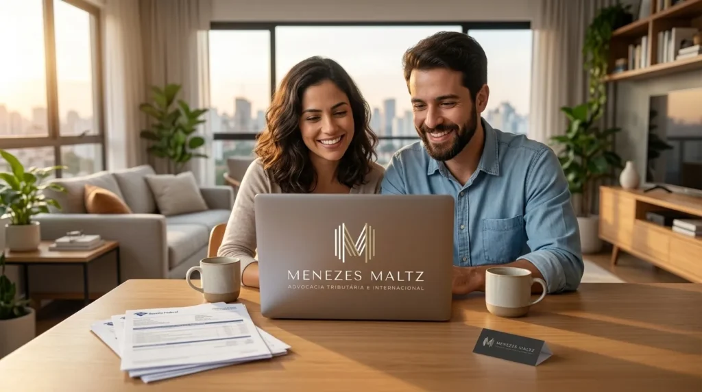 Casal planejando a comunicação de saída definitiva do brasil diante do laptop