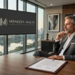 Empresário brasileiro em escritório de luxo assinando seu testamento vital para proteção do patrimônio.