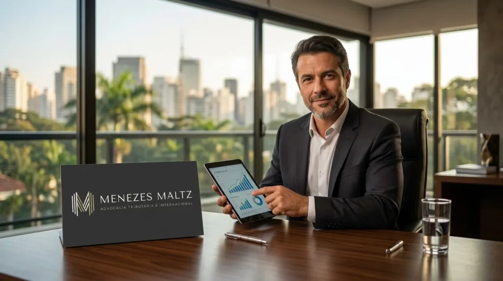 Empresario brasileiro em escritorio moderno analisando como abrir offshore para proteger patrimonio familiar.