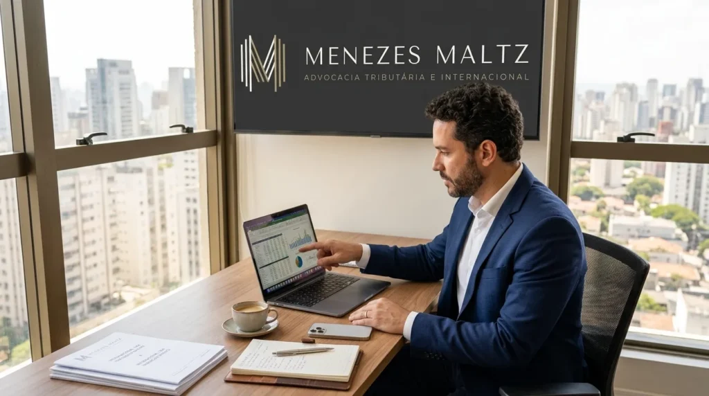 Investidor brasileiro analisa investimentos no exterior tributação e planejamento financeiro em escritório moderno.
