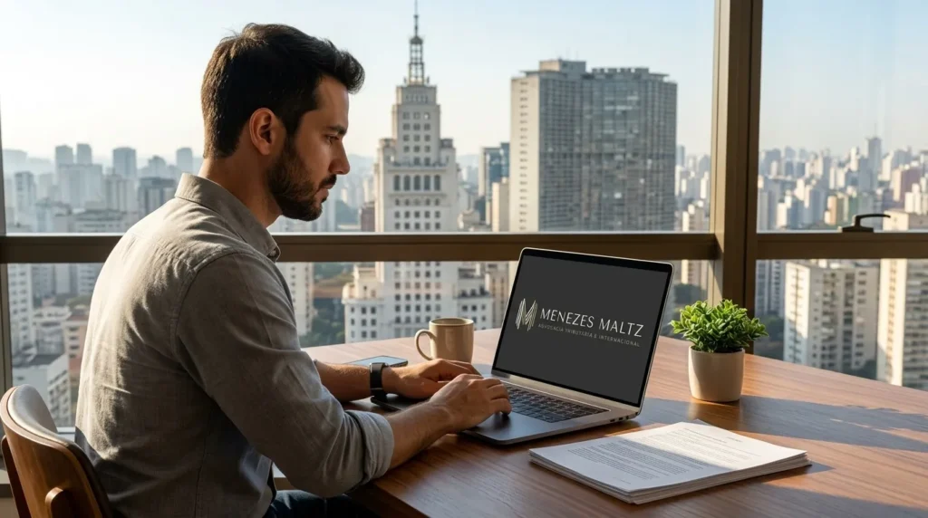 Nômade digital residência fiscal Brasil trabalhando em apartamento moderno em São Paulo.