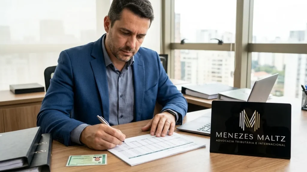 Profissional analisa Green Card imposto de renda Brasil e documentos fiscais sobre mesa de madeira em escritório iluminado.